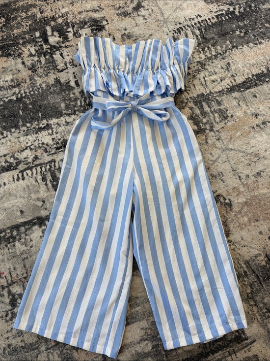 Vici Pants - Vici Light Blue and White Striped Off-Shoulder Jumpsuit